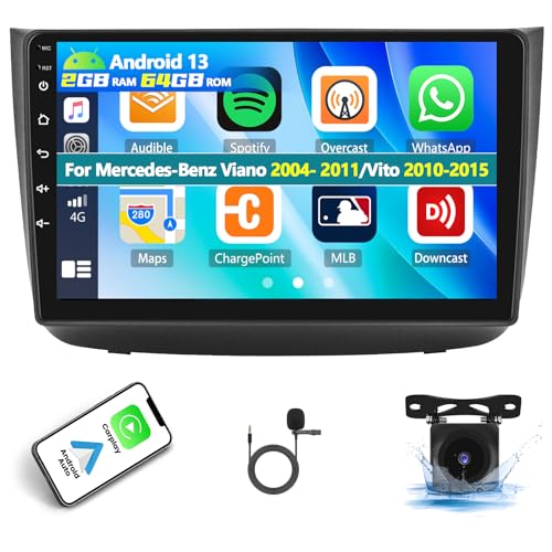 2 + 64 GB Autoradio für Mercedes-Benz Viano 2004-2011/Vito 2010-2015 mit Carplay Wireless Android Autoradio, Radio mit Display 9 Zoll Bluetooth GPS-Navi WiFi FM / RDS SWC+AHD Rückfahrkamera & Mic