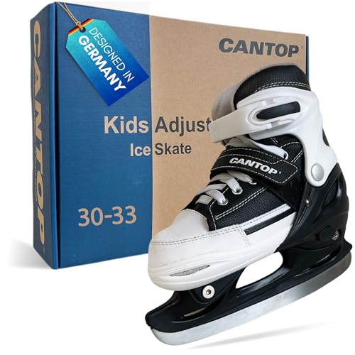 Cantop Schlittschuhe Kinder verstellbar Größe 30-33 für Jungen, Mädchen, Damen und Herren Eishockey Schlittschuh im Sneaker Design in Schwarz Weiß