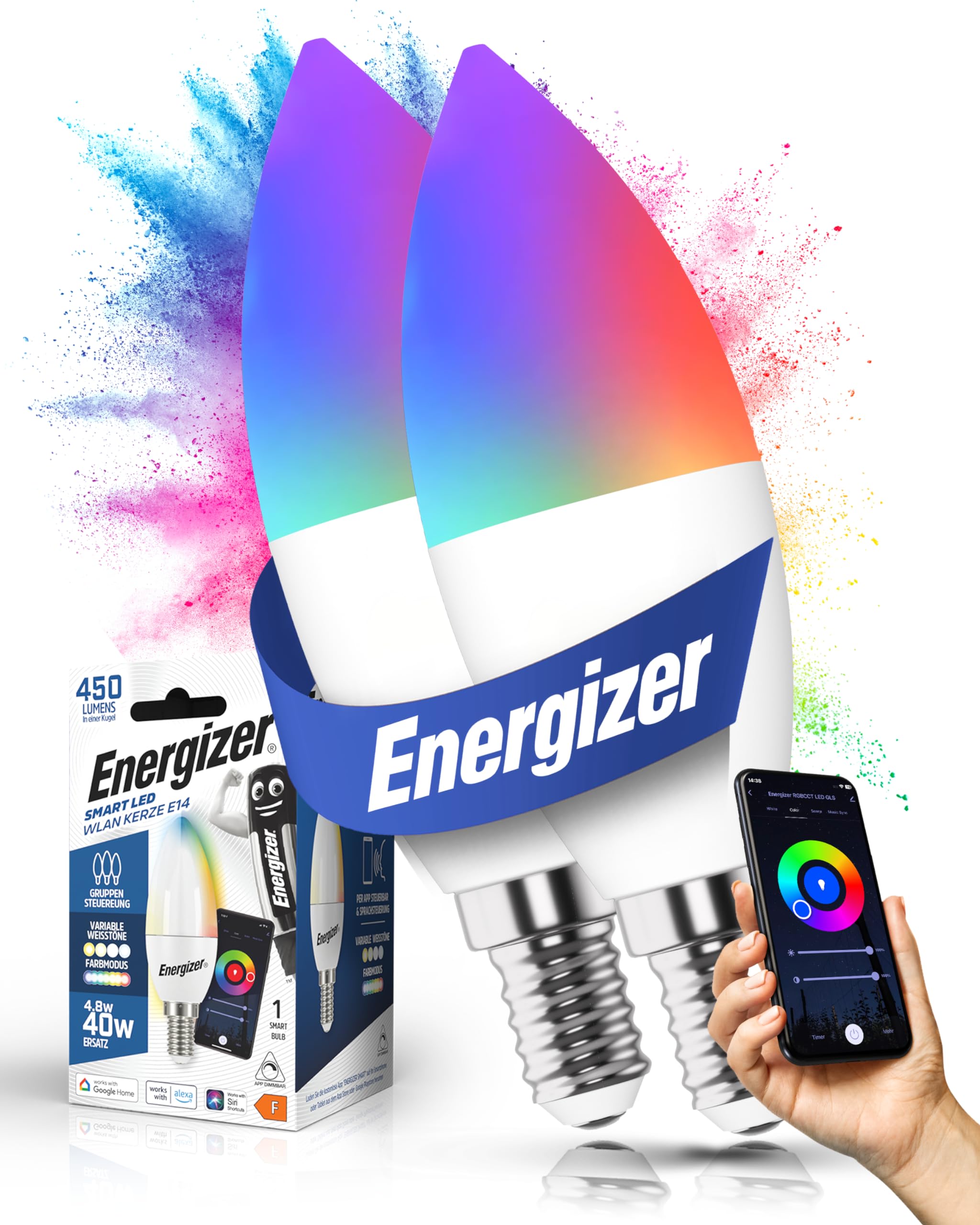 Energizer Smart LED, WLAN Kerze, 5,5W, E14, per App steuerbar, SmartHome, kompatibel mit Alexa, Google Home und Siri, kein Hub benötigt, mehrfarbig & dimmbar, 2 Stück