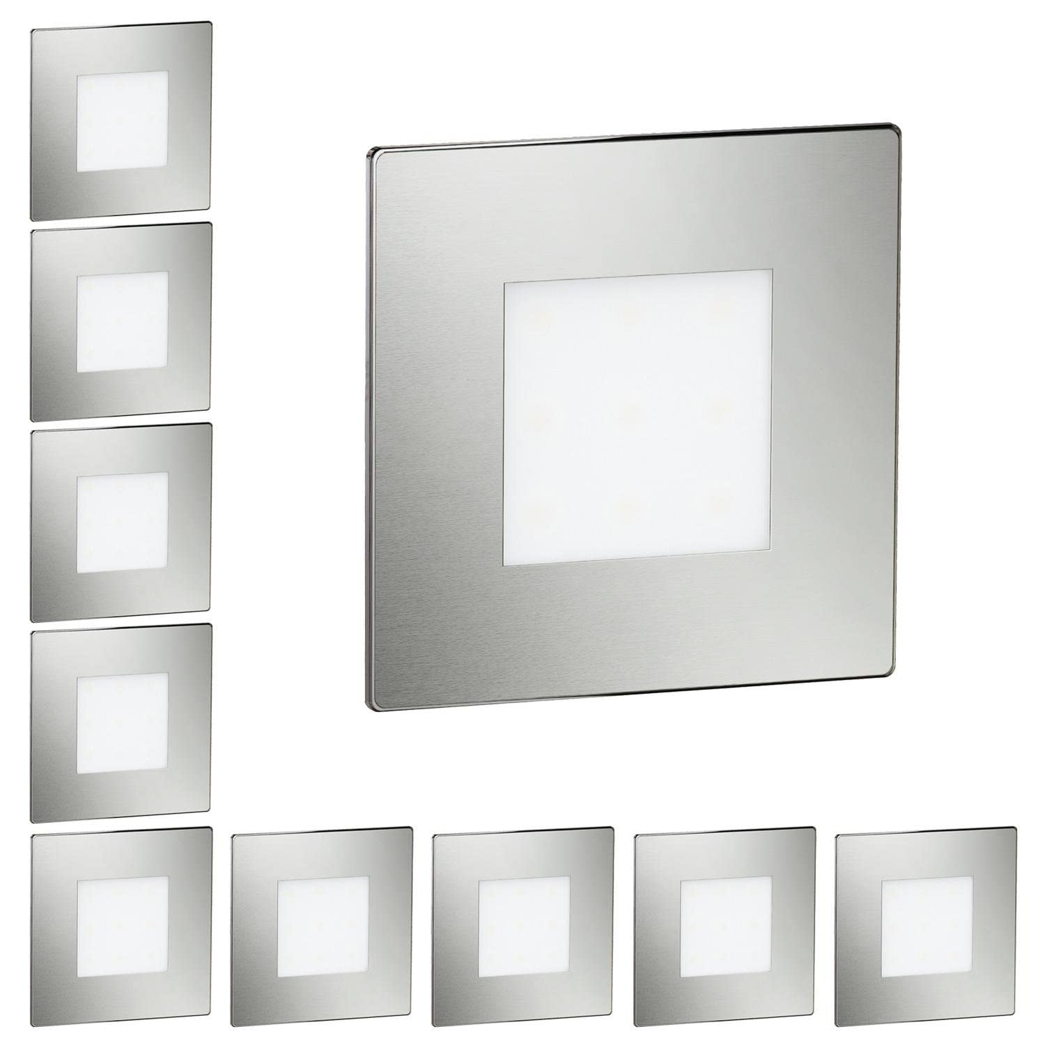 ledscom.de 10 Stück LED Treppenlicht/Wandeinbauleuchte FEX für innen und außen, eckig, edelstahl, 85 x 85mm, kaltweiß