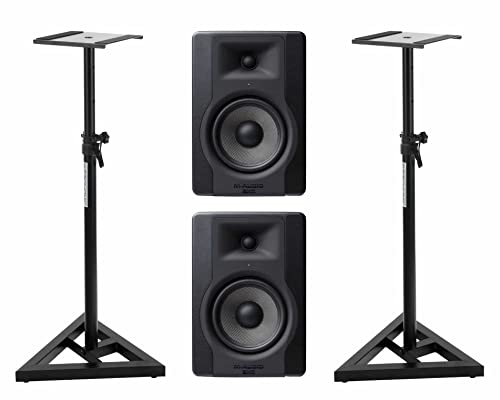 M-Audio BX5 D3 Studiomonitor Stativ Set (Aktives Referenz-Studiomonitor Paar Set mit 5" Kevlar Tieftöner inkl. 2 Stativen) Schwarz