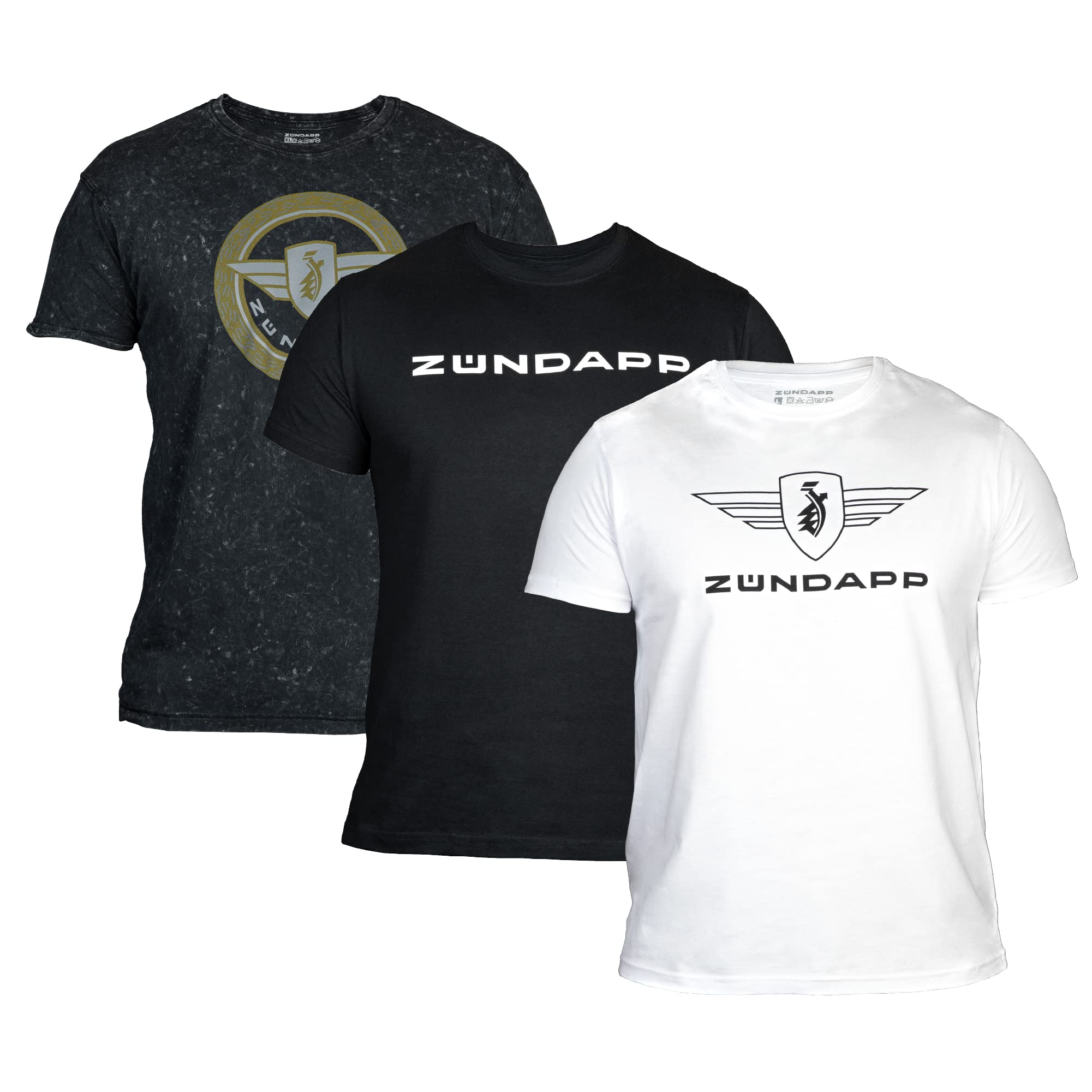 ZÜNDAPP T Shirt Herren oder Damen | Basic Tshirt 3er Set | Unisex Baumwoll T-Shirt 3er Pack (XXL, grau Snow-Washed + schwarz Uni + weiß Uni)