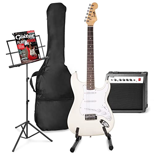 MAX GigKit E-Gitarre Set - Gitarrenverstärker 40 Watt, Elektrische Gitarrenset, Gitarrrenständer, Notenständer, Gitarrentasche, Stimmgerät, Instrumentenkabel, Gurt und Zubehör - Weiß