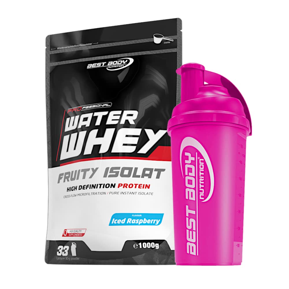 1 kg Best Body Nutrition Water Whey Fruity Isolate Molkenprotein + Protein Shaker (Iced Raspberry (Shaker pink))