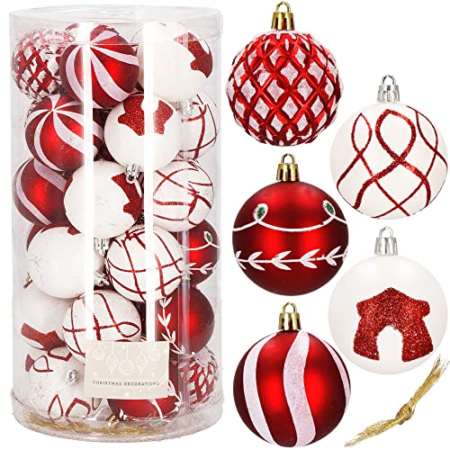 SPRINGOS Weihnachtsbaumkugeln aus Kunststoff 30-teiliges Weihnachtskugeln-Set Durchmesser 6 cm Rot-Weiße Dekoration für Weihnachten Party Hochzeit