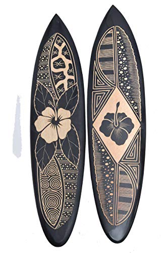 Interlifestyle 2 Tiki Deko Surfboards aus Hart Holz 100cm mit Hibiskus Motiv Surfboard Surfbrett Hawaii schwarz