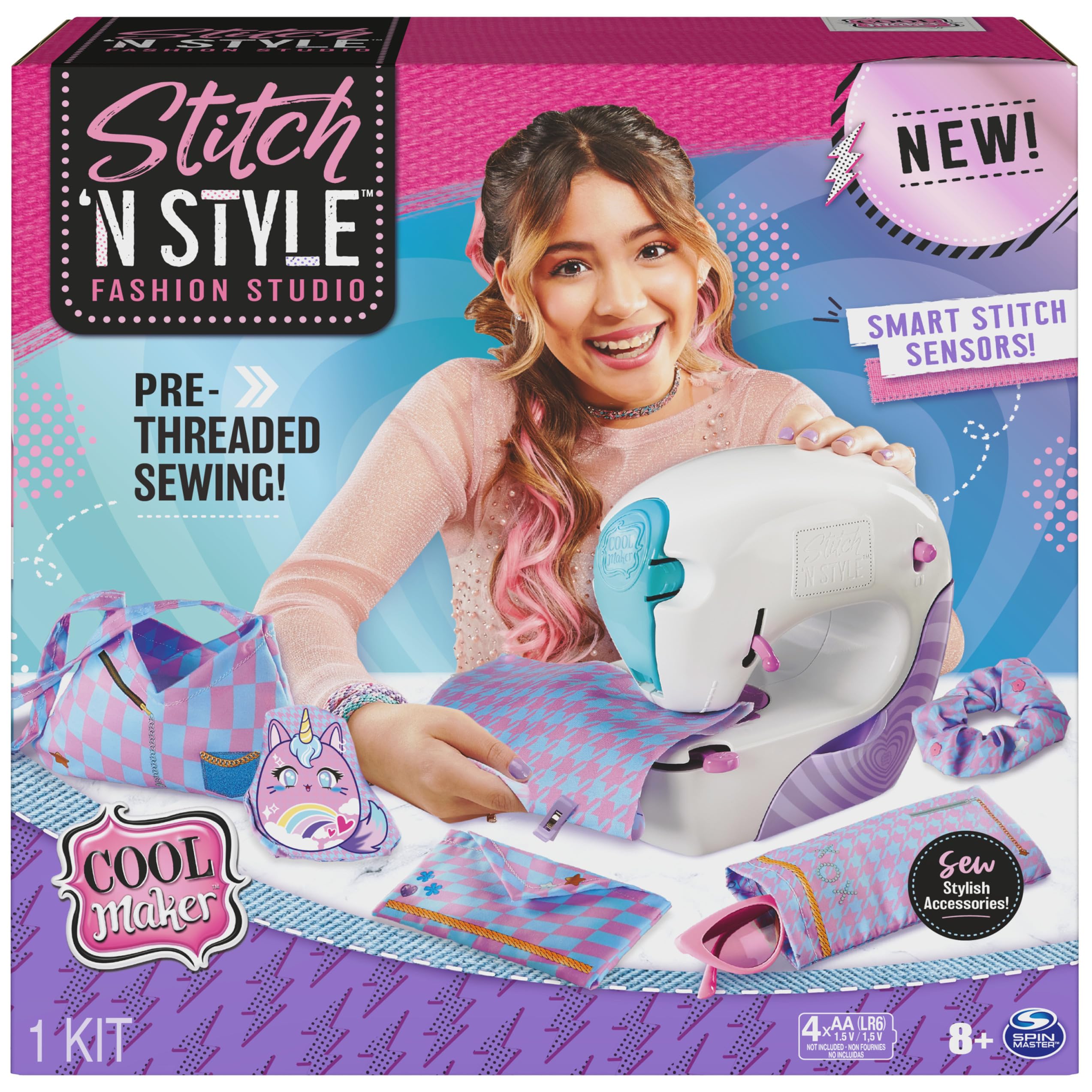 Cool Maker, Stitch 'N Style Fashion Studio, vorgefädeltes Nähmaschinenspielzeug mit Stoff und Wassertransferdrucken, Kunst und Handwerk, Kinderspielzeug für Mädchen