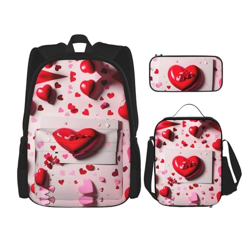 MDATT Valentinstagsrucksack mit Lunchbox und Federmäppchen, 7,6 cm, Kawaii-Rucksäcke mit Lunch-Tasche, passende Kombination