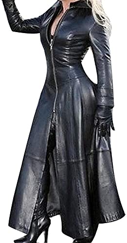 SKYWPOJU Damen PVC Leder Trenchcoat Jacke mit Reißverschluss Sexy Kleid Body Clubwear Langer Lack-Mantel (Color : Black, Size : 5XL)