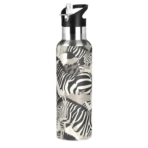 Kunst Schwarz Weißes Zebrapferd Trinkflasche Wasserflasche mit Strohhalm für Sport, 600ML Thermosflasche BPA-frei Isolierflasche Edelstahl 18/8 für Kinder Wandern Schule