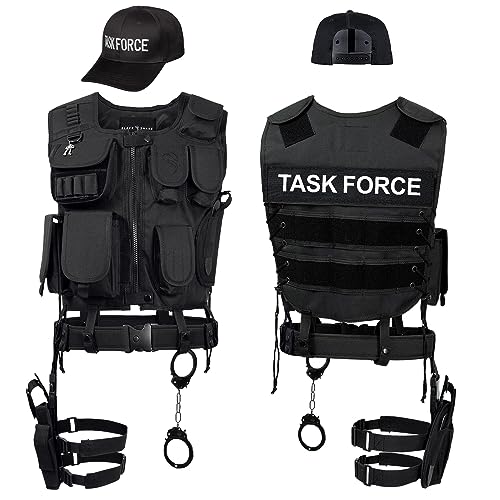 Black Snake® SWAT FBI Police Security Kostüm inkl. Einsatzweste, Pistolenholster, Gürtel, Handschellen und Baseball Cap (TASK FORCE, XS-S)