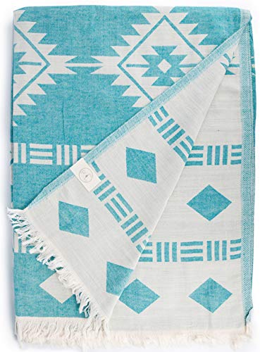 Bersuse 100% Baumwolle - Belize XXL Überwurf Decke Türkisches Handtuch - Mehrzweck Bett- oder Sofa-Überwurf - Azteken Design auf Handwebstuhl Peshtemal - 190 x 230 cm, Aqua Blau