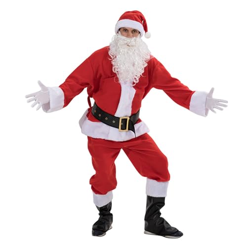 WuLi77 7-teiliges Weihnachts Weihnachtsmann Kostüm Set Für Erwachsene Weihnachtsmann Anzug Weihnachtsmann Cosplay Requisiten Für Weihnachten Halloween Cosplay Weihnachtsmann Outfit Für Männer Anzug