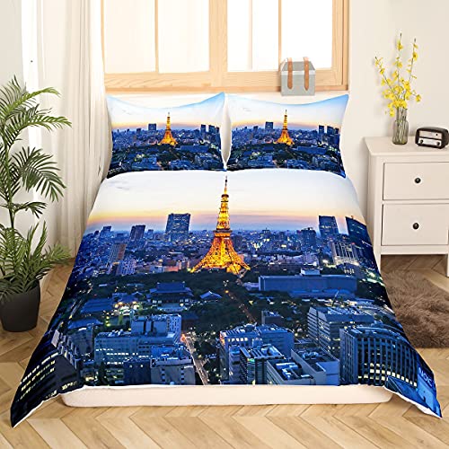 Kinder Kids Betten Set Eiffelturm Muster Bettwäsche Set für Jungen Mädchen Frankreich Paris Sehenswürdigkeiten Qualität Bettbezug mit 1 Kissenbezug 2 teilig 135x200 cm 80x80 cm Einzelbett Gold Blau