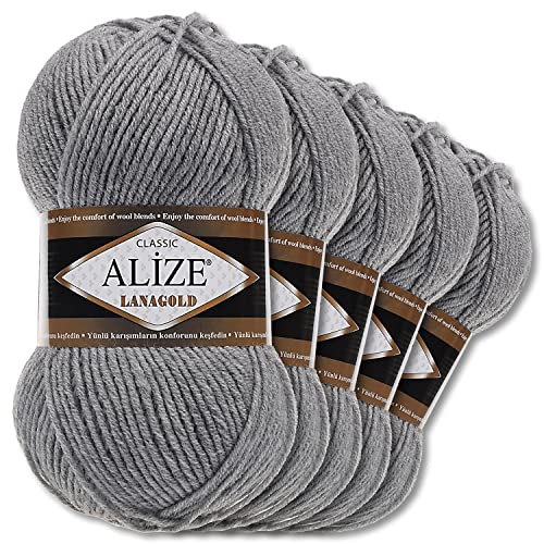 Alize 5 x 100 g Lanagold Wolle | 53 Auswahl | Stricken Häkeln Wolle (21 | Grau Melange)