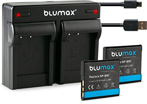 Blumax 2X Akku für Sony NP-BN1 / NPBN1 | 600mAh + Mini Dual-Ladegerät USB | passend zu Sony Cyber-Shot DSC-QX10, DSC-QX100, DSC-T99, DSC-T110, TF1|| KFZ 2 Akkus gleichzeitig Laden