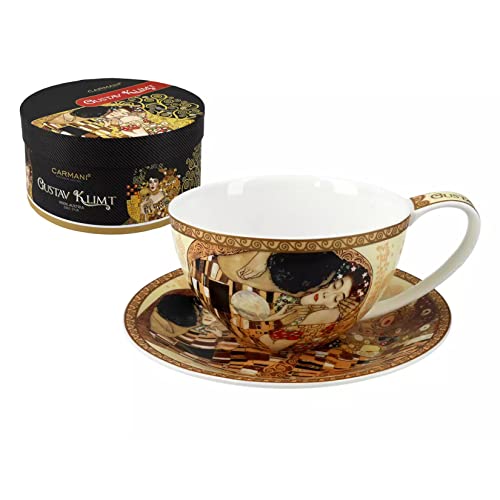 CARMANI - Porzellan Tee, Kaffee, Cappucino Tasse und Untertasse Set mit Gustav Klimt, The Kiss 360ml