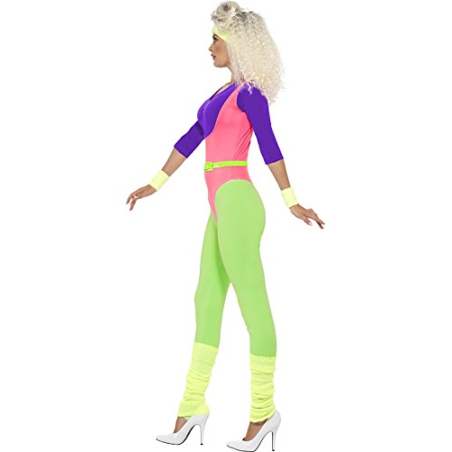 Amakando 80er Damen Kostüm Sport 80s Workout Anzug XS 32/34 Neon Jumpsuit Buntes Aerobic Outfit Faschingskostüme 80er Jahre Stirnband Schweissband Body Leggings Optik