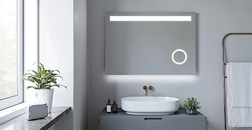 AQUABATOS® Badspiegel 100x70 cm mit Beleuchtung Bluetooth Lautsprecher LED Wandspiegel Badezimmerspiegel beleuchtet Kosmetikspiegel Schminkspiegel Touch Schalter Dimmbar Beschlagfrei Antibeschlag