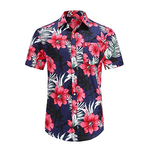 SNPP Herren Hawaii Hemd,Hawaiian Strandhemd Für Herren, Rotes Blumenmuster, Blaues Hemd Mit Knöpfen, Einfaches Lockeres Kurzarmhemd Für Den Urlaub Am Meer Und Den Alltag,L