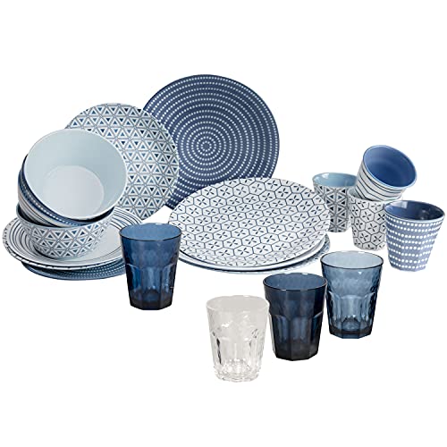 Melamin Geschirrset für 4 Personen mit Gläsern blau weiß - 20 Teile - Campinggeschirr und Glasset Trinkgläser