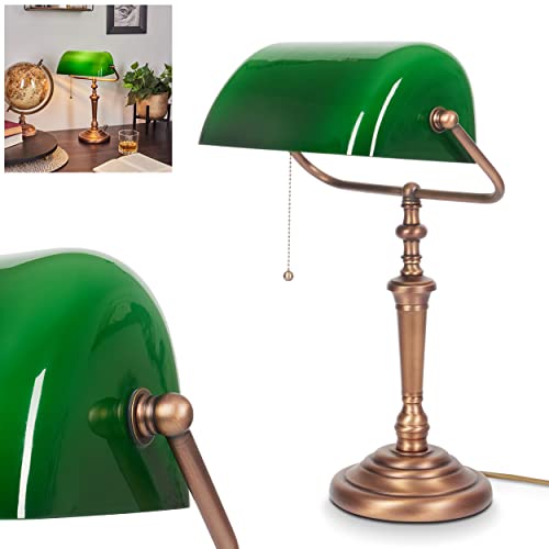 Klassische Bankerlampe Argyle, Retro Tischlampe aus Metall in Bronzefarben, Leuchtenschirm aus Glas in Grün, 1 x E27 max. 60 Watt, Tischleuchte für Büro u. Schreibtisch, Zugschnur zum An-/Ausschalten