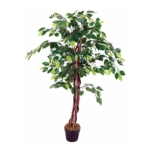INDA-Exclusiv XL Kunstpflanze Kunstbaum mit 462 Blättern Ficus Dekobaum Holzstamm Zimmerpflanze innen außen Deko 115cm