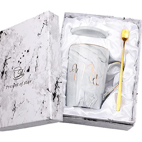 HLTER Mr Couple Marmor-Kaffeebecher-Set, Keramik-Kaffeetasse mit exquisiter Box Löffel Untersetzer, große farbige Tassen-Set für Paare Marmorbecher