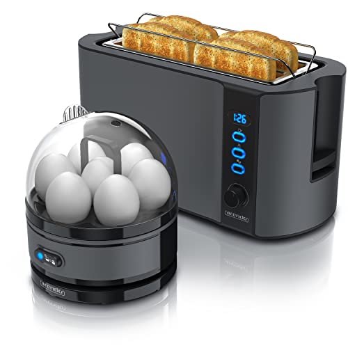 Arendo - SET Toaster FRUKOST mit Eierkocher SEVENCOOK Edelstahl Grau, Toaster 4 Scheiben, LED-Display, 6 Bräunungsgrade, Brötchenhalter - Eierkocher 1-7 Eier, Messbecher