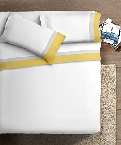 Bettwäsche-Set mit doppeltem Rüschen, aus Baumwolle, für Doppelbett, Satin, Ocker/Grau, CH Hintergrund weiß