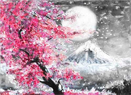 HONGC Bilder auf Leinwand Kirschblütenbaum Japanischer Berg Leinwandmalerei Wandkunst Poster Druckbild Wohnzimmer Küche Heimdekoration 75x115cm Kein Rahmen