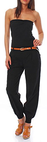 Malito Damen Einteiler in Uni Farben | Overall mit Gürtel | Langer Jumpsuit - Romper - Hosenanzug 1585 (schwarz, XL)