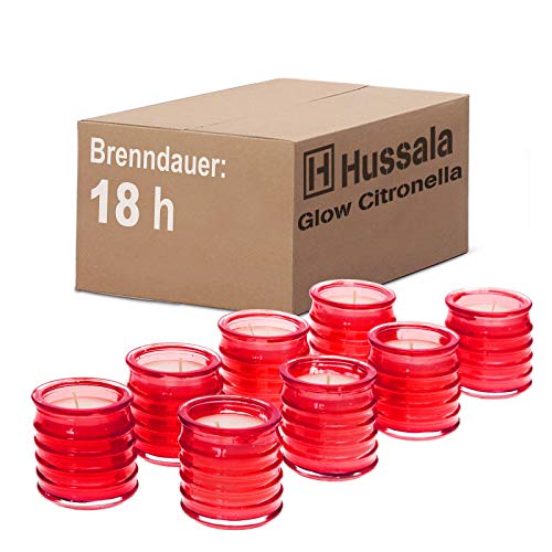 Hussala Glow Citronella Outdoorkerze Glas (rot) - Brennzeit 18 h [16 Stück]