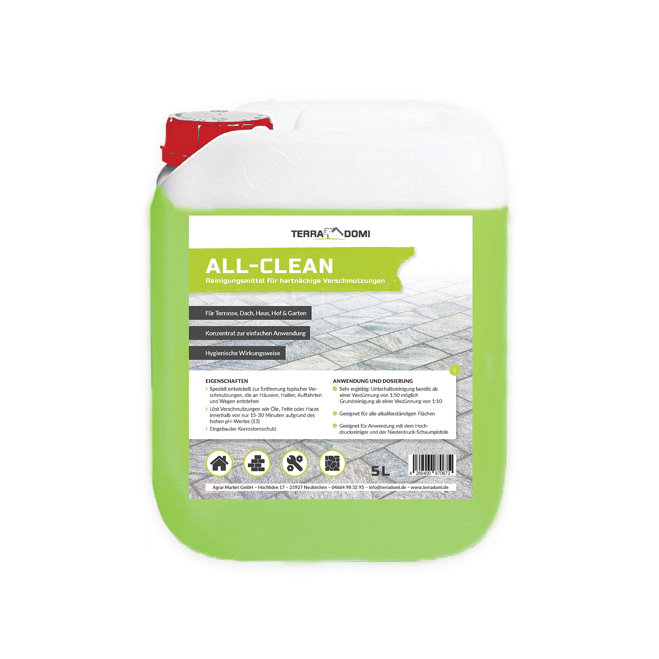 TerraDomi All-Clean, 5 L, Reinigungsmittel für hartnäckige Verschmutzungen, wirksamer Power-Reiniger für Terrasse, Dach, Haus, Hof & Garten, vielseitige Anwendung