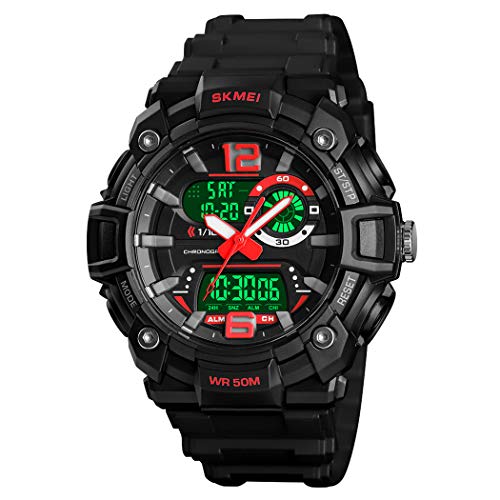 FeiWen Herrenuhr Outdoor Sportuhr 50M Wasserdicht LED DREI Zeit Analog Quarz Digital Uhren Alarm Stoppuhr Elektronik Plastik Armbanduhren mit Band (Rot)