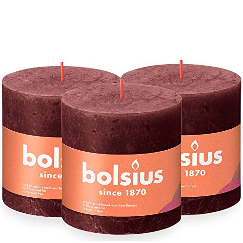 BOLSIUS - Rustik Kerze XXL - Bordeauxrot - 10 cm - 3 Stück - Unparfümierte