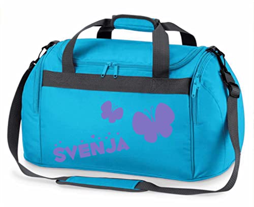 Kinder-Sporttasche mit Namen Bedruckt | Personalisierbar mit Motiv Schmetterling | Reisetasche Duffle Bag für Mädchen in Pink, Blau, Grün (Türkis)