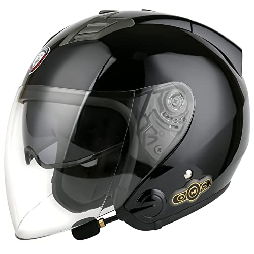 Bluetooth Jethelm Motorradhelm ECE Zertifizierung Integrierter Bluetooth-Helm Jet Scooter Helm Rollerhelm Jet-Helm Herren Damen mit Doppelvisier D,XL