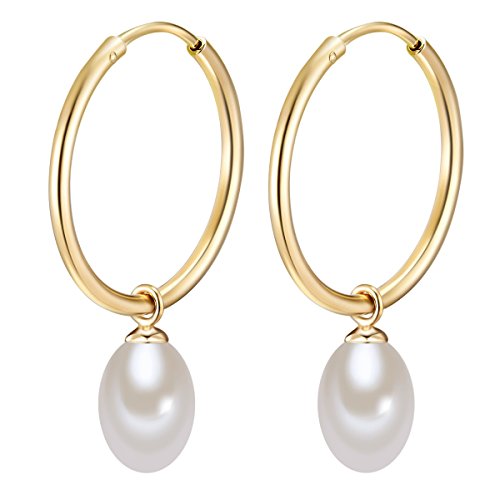 Valero Pearls Damen-Creolen mit Perlen-Anhänger Sterling Silber gelbvergoldet mit Süßwasser-Zuchtperlen weiß - Perlenohrhänger Silber-Ohrringe