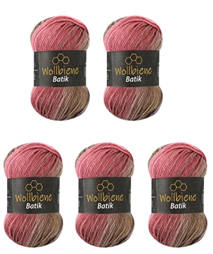 5 x 100g Wollbiene Batik 500 Gramm Wolle mit Farbverlauf mehrfarbig Multicolor Strickwolle Häkelwolle (5050 braun beere rosa)