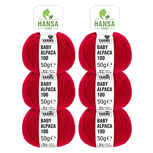 HANSA-FARM | 100% Baby Alpakawolle in 50+ Farben (kratzfrei) - 300g Set (6 x 50g) - weiche Alpaka Wolle zum Stricken & Häkeln in 6 Garnstärken by Hansa-Farm - Rot