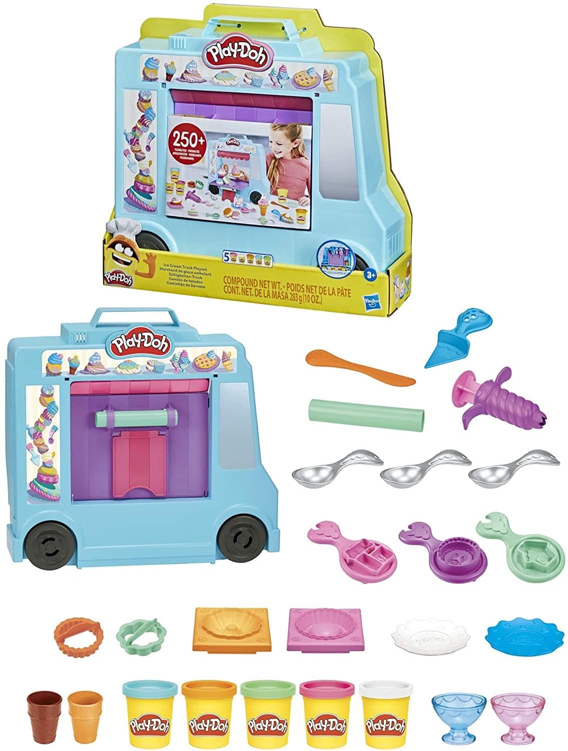 Play-Doh F1390 Eiswagen-Spielset, Spielzeugspielzeug für Kinder ab 3 Jahren mit 20 Werkzeugen, 5 Modelliermasse, über 250 mögliche Kombinationen, Mehrfarbig