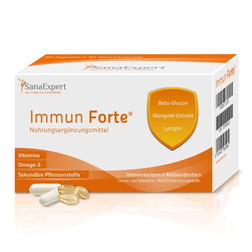 SanaExpert Immun Forte, Multivitamin fürs Immunsystem, mit Vitamin C, Omega-3, Beta-Glucan, Marigold-Extrakt, Lycopin, Lutein, 1 Monatspackung à 90 Kapseln (69 g)