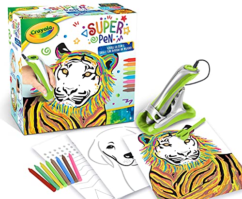 CRAYOLA 25-0395 Super Pen Tiger zum Schmelzen von Wachsmalstiften und Erstellen von Zeichnungen, kreatives Aktivitätsgeschenk für Kinder ab 8 Jahren, Silber/Grün