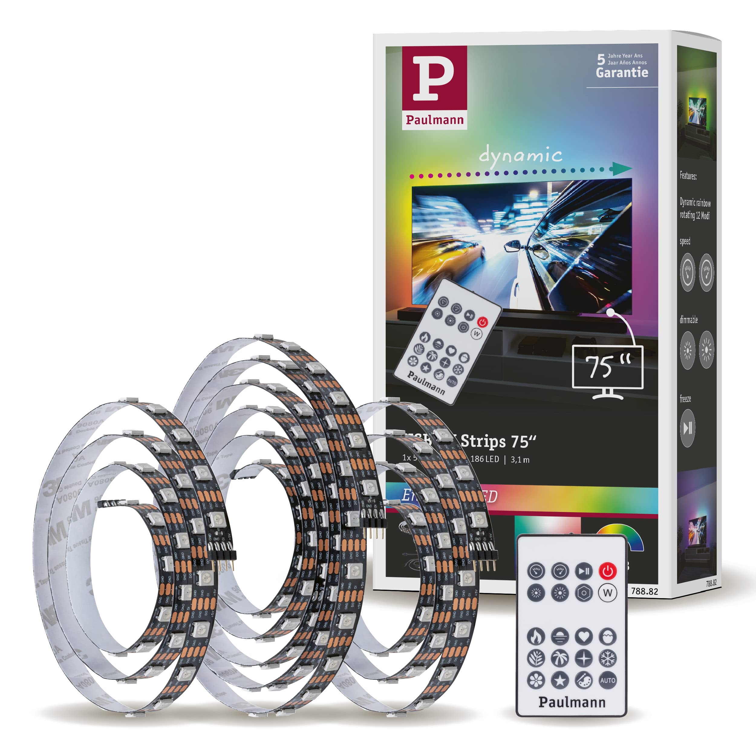 Paulmann 78882 LED Stripe USB TV-Beleuchtung 75 Zoll 3,1m 60LEDs/m Dynamic Rainbow RGB incl. 1x5 Watt dimmbar Lichtband Schwarz Kunststoff