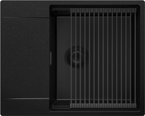 Spülbecken Alles Schwarz 62x50 cm, Granitspüle + Ablauf-Set Schwarz, Küchenspüle für 50er Unterschrank, Einbauspüle von Primagran