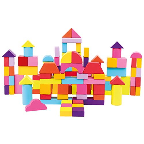 Mertens Klötzchen-Trommel mit 100 Stück, Kinderspielzeug ab 1 Jahr (farbenfrohe & formenreiche Bauklötze, inklusive 100 Stück, Größe: XL, Formbeispiele zur Anregung im Deckel), Mehrfarbig