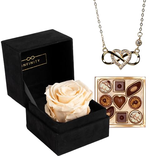 Infinity - Geschenk Set mit 1 Ewigen Rose und 925er Infinity Kette in Gold - (3 Jahre haltbare Rose mit 925er Silber Kette) - Als Geschenk verpackt