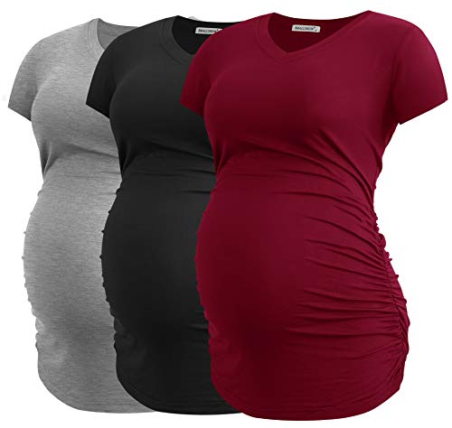 Smallshow Damen Umstandstop V Hals Schwangerschaft Seite Geraffte Umstandskleidung Tops T Shirt 3 Pack,Black-Light Grey-Wine,S