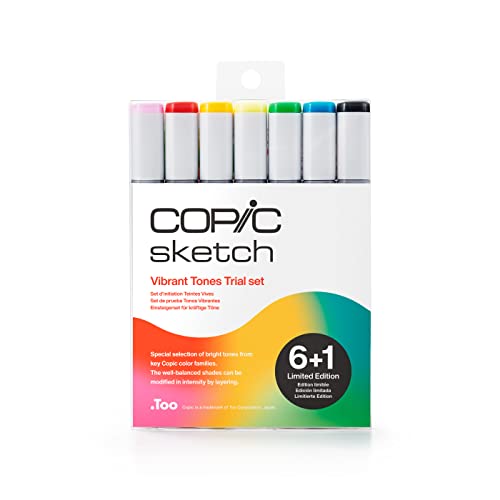 COPIC Sketch Marker Vibrant Tones Trial Set, 6+1 Farben, Limited Edition, kräftige, leuchtende Töne, mit einer Super-Brush-Spitze und einer Medium-Broad-Spitze